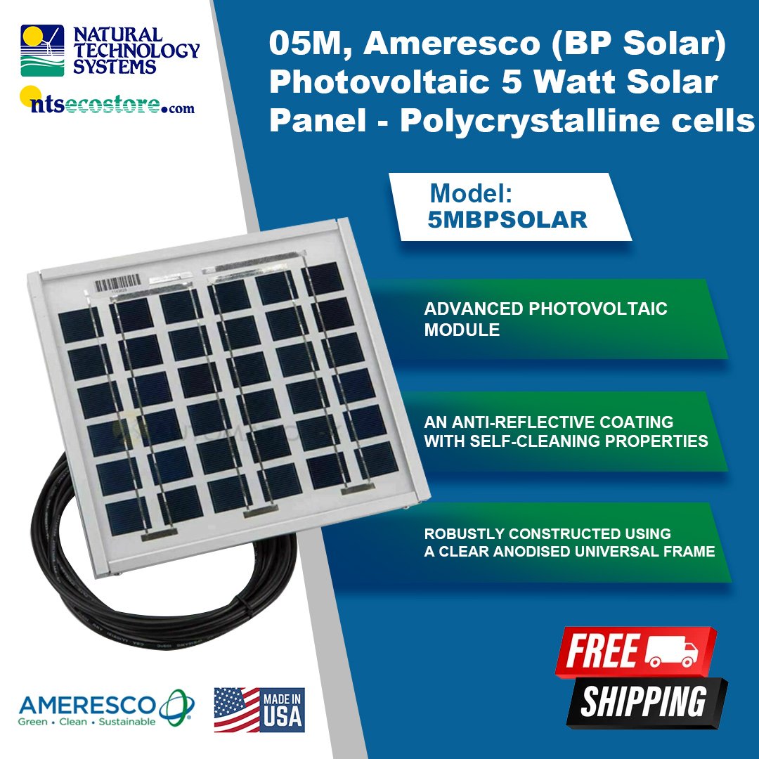 05M, Ameresco (BP Solar) Photovoltaic 5 Watt Solar Panel - Polycrystalline cells (5MBPSOLAR)