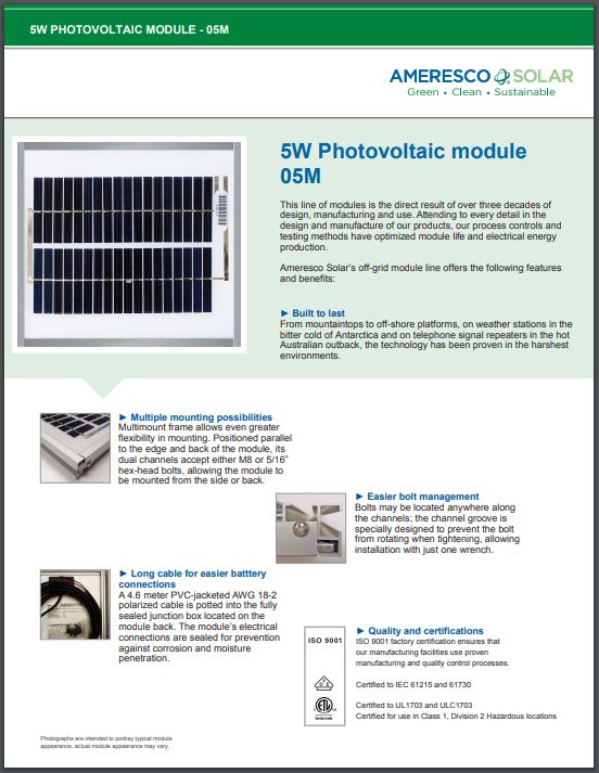 05M, Ameresco (BP Solar) Photovoltaic 5 Watt Solar Panel - Polycrystalline cells (5MBPSOLAR)