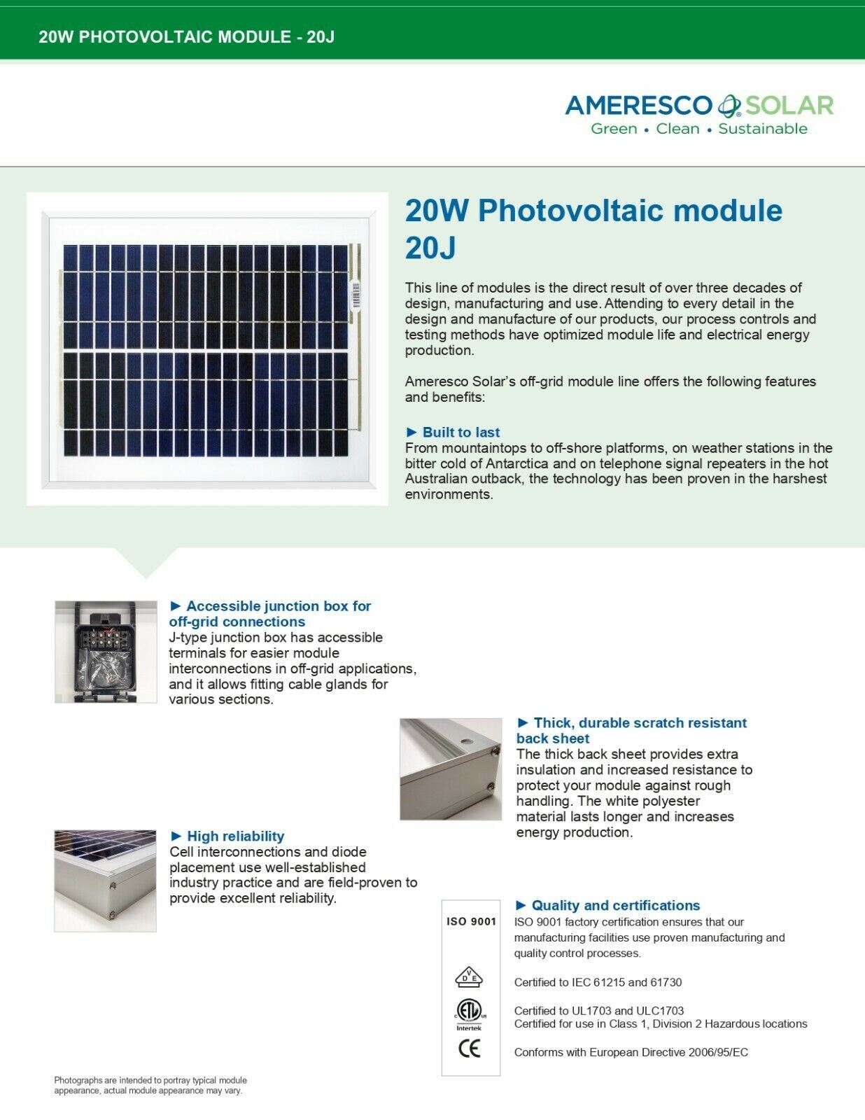 20M, Ameresco (BP Solar) Photovoltaic 20 Watt Solar Panel -Polycrystalline cells (20MBPSOLAR)