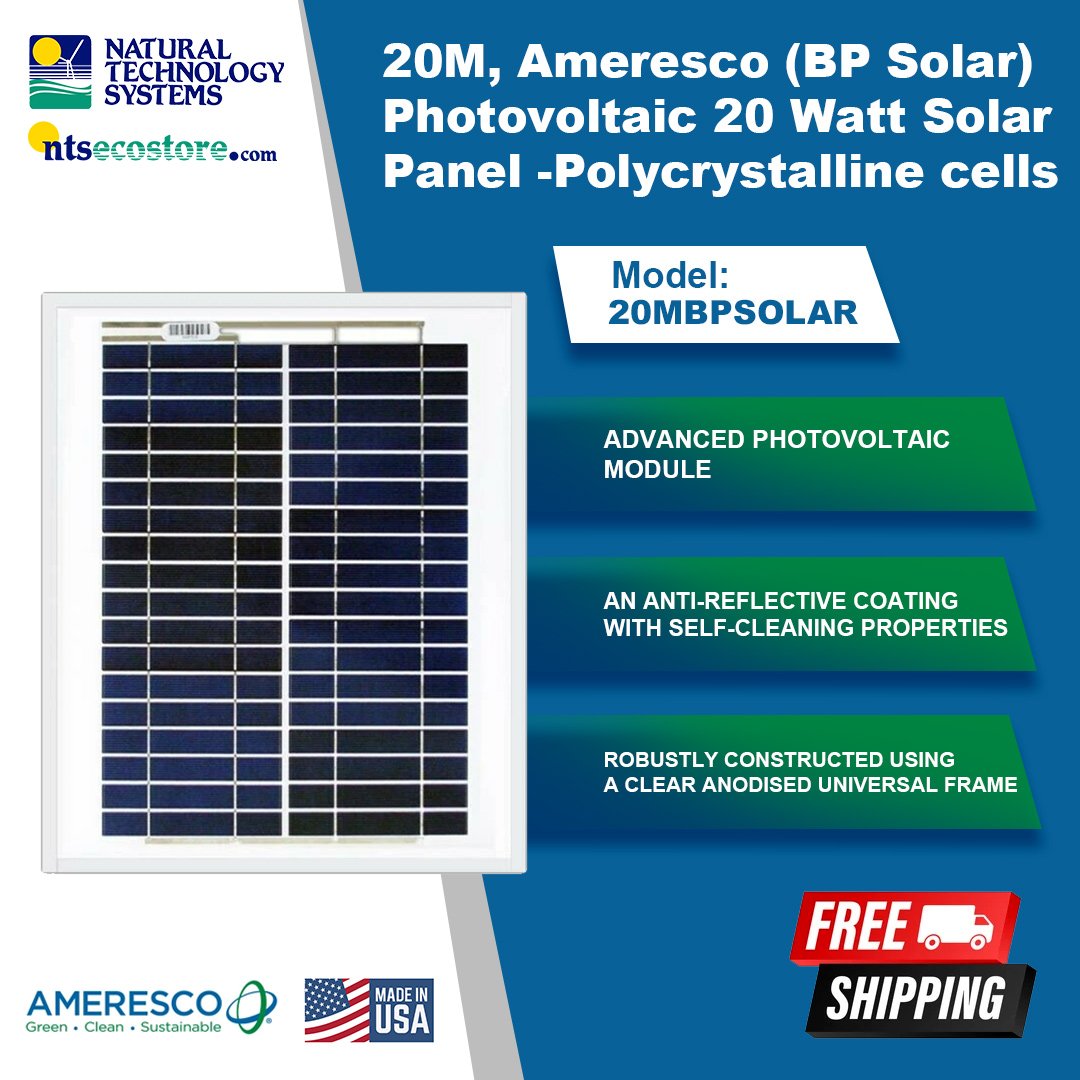 20M, Ameresco (BP Solar) Photovoltaic 20 Watt Solar Panel -Polycrystalline cells (20MBPSOLAR)