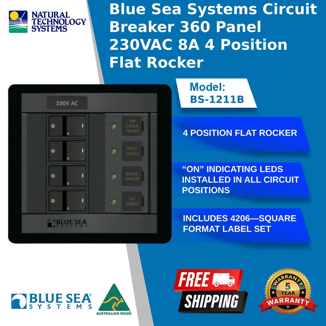 Blue Sea Systems Circuit Breaker 360 Panel 230VAC 8A 4 Position Flat Rocker (BS-1211B)