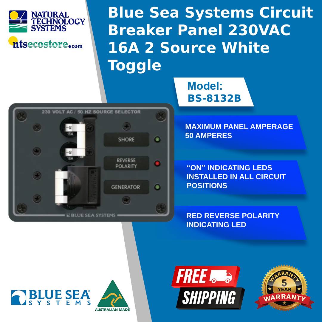 Blue Sea Systems Circuit Breaker Panel 230VAC 16A 2 Source White Toggle (BS-8132B)