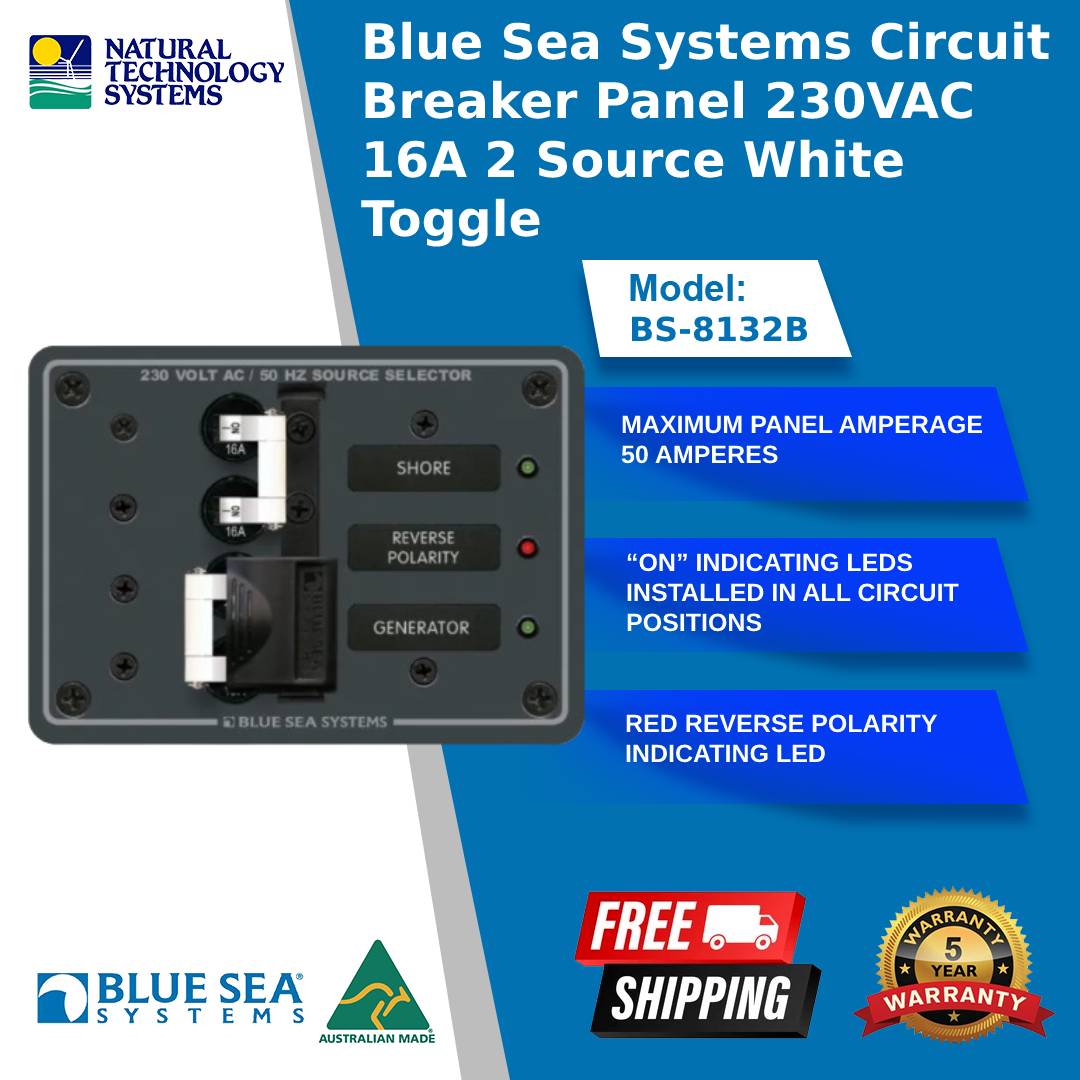 Blue Sea Systems Circuit Breaker Panel 230VAC 16A 2 Source White Toggle (BS-8132B)