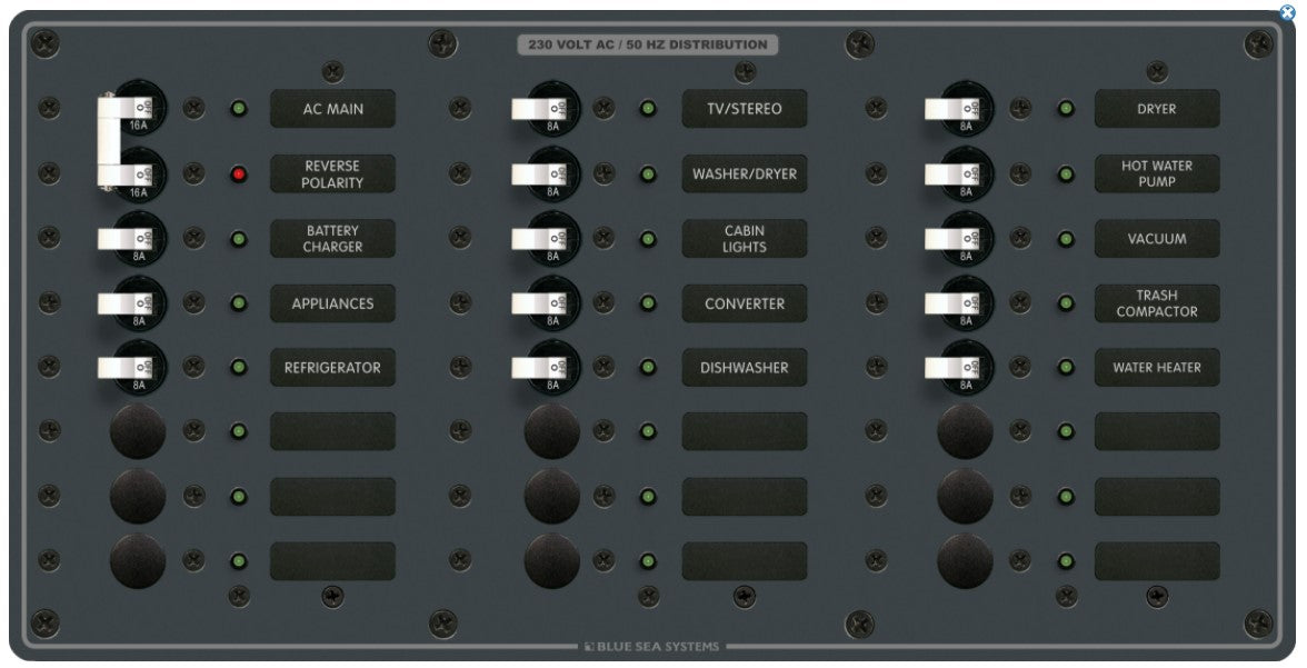 Blue Sea Systems Panel 230VAC 16A Main + 22 Position 8A (BS-8565B)