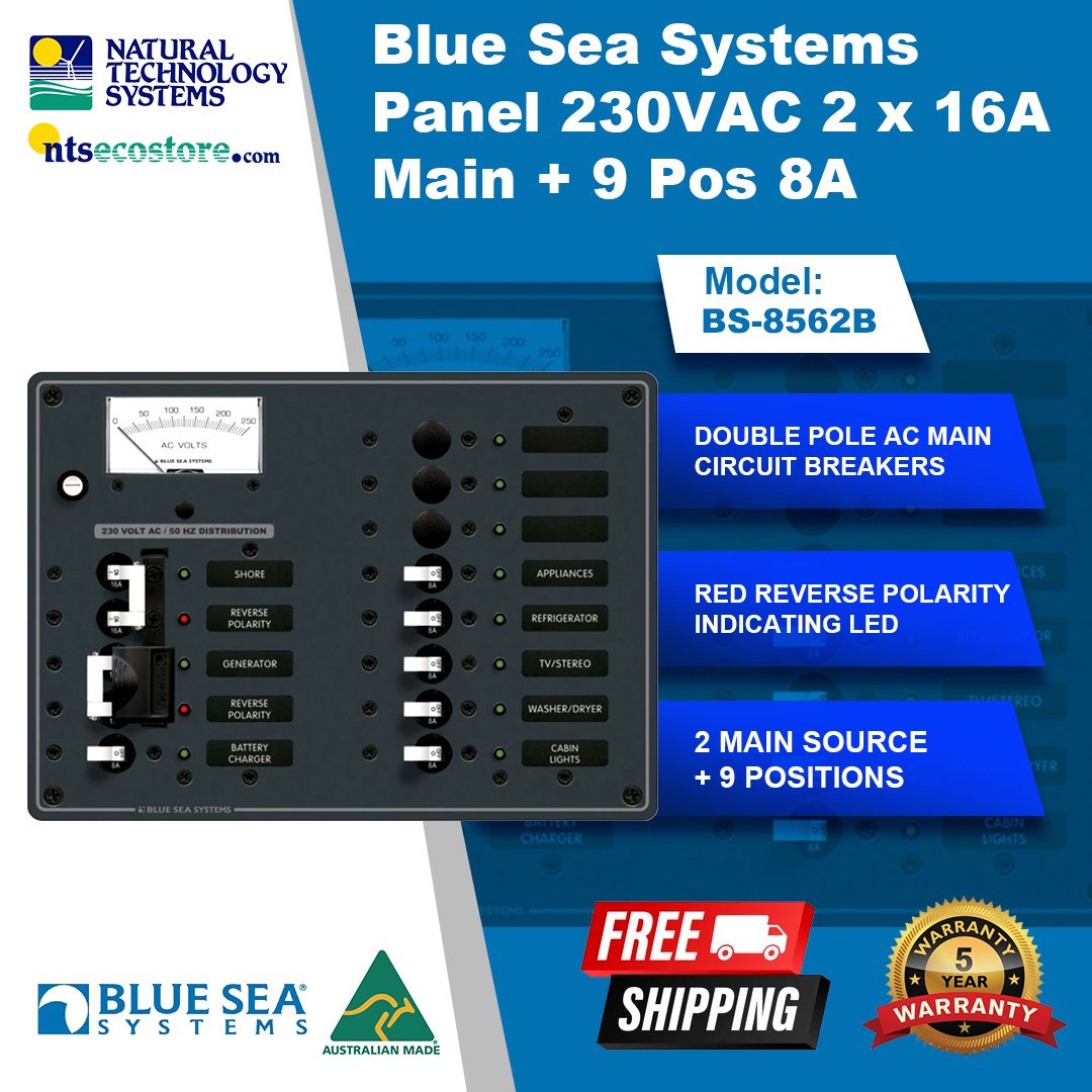 Blue Sea Systems Panel 230VAC 2 x 16A Main + 9 Position 8A BS-8562B