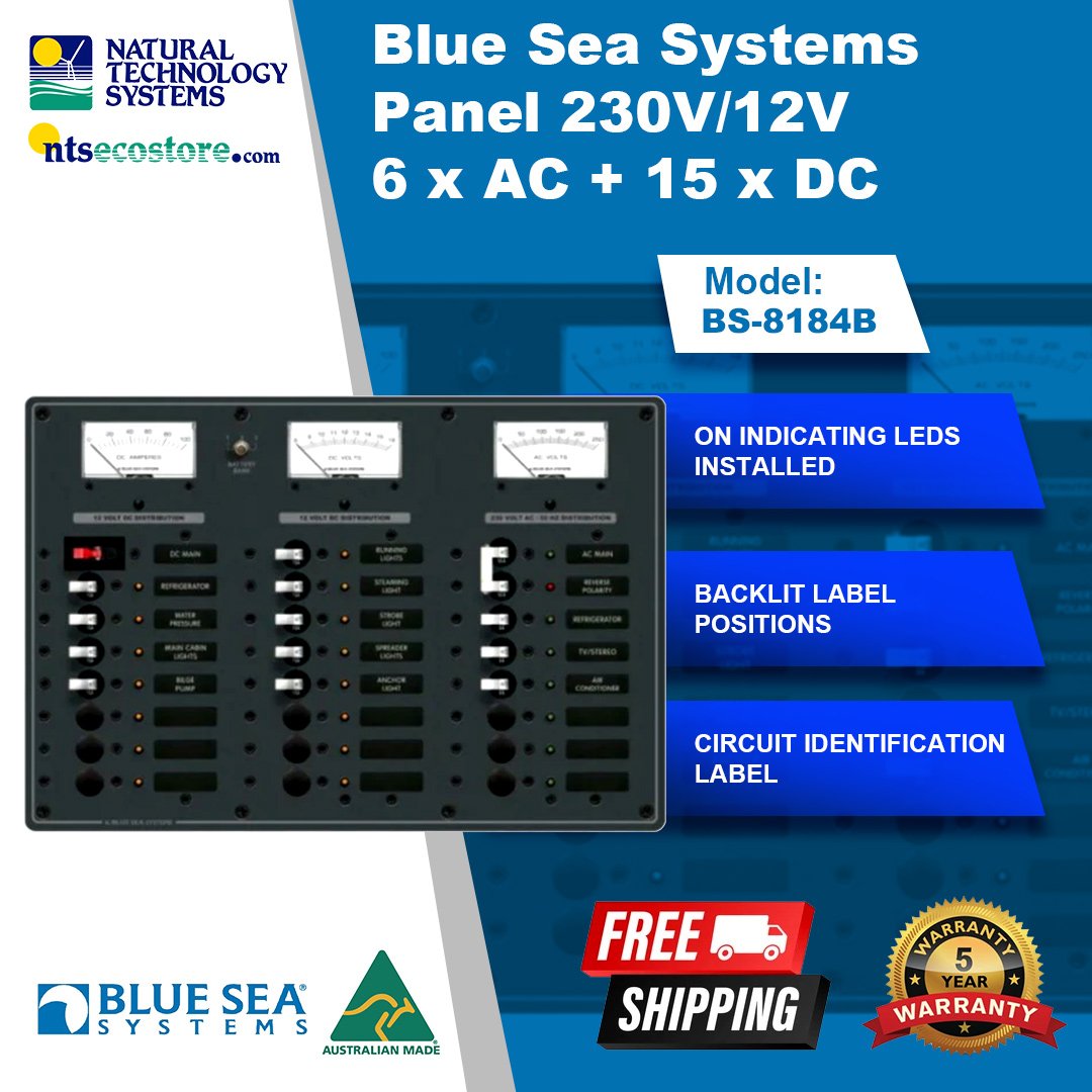 Blue Sea Systems Panel 230V/12V 6 x AC + 15 x DC (BS-8184B)