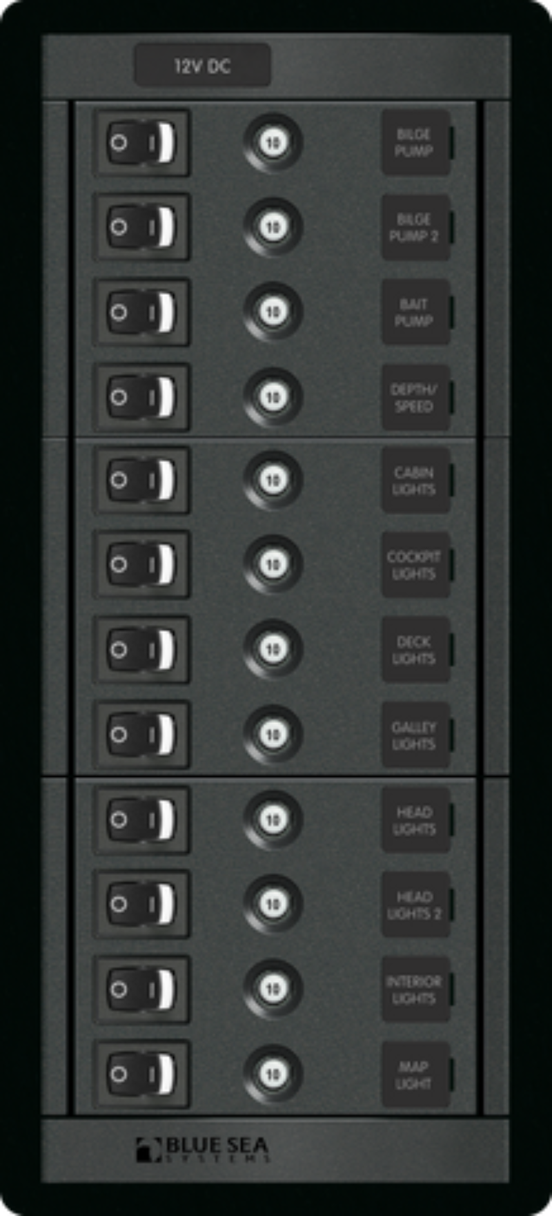 Blue Sea Systems Panel 360 12V-10A 12 Position CLB Vertical BS-1461B