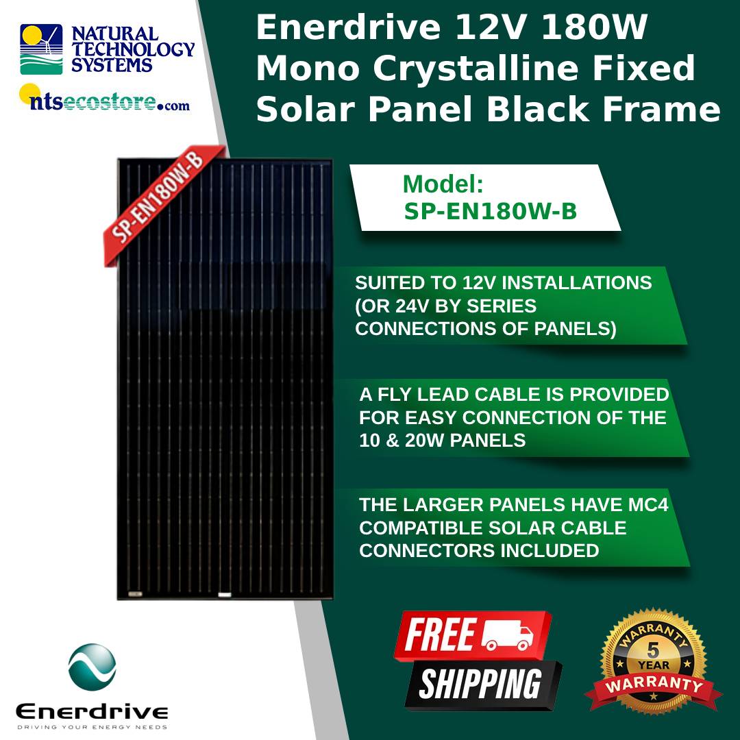 Enerdrive 12V 180W Mono Crystalline Fixed Solar Panel Black Frame (SP-EN180W-B)
