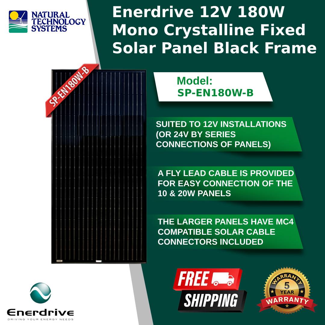 Enerdrive 12V 180W Mono Crystalline Fixed Solar Panel Black Frame (SP-EN180W-B)