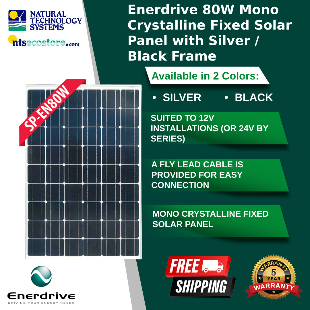 Enerdrive 80W Mono Crystalline Fixed Solar Panel with Silver / Black Frame