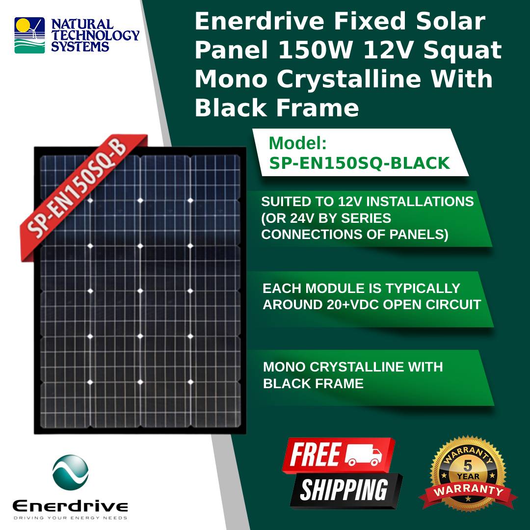 Enerdrive Fixed Solar Panel 150W 12V Squat Mono Crystalline With Black Frame (SP-EN150SQ-BLACK)