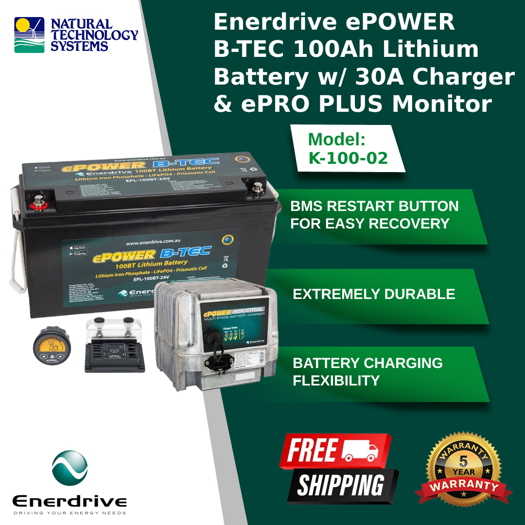 Enerdrive ePOWER B-TEC 100Ah Lithium Battery w/ 30A Charger & ePRO PLUS Monitor (K-100-02)