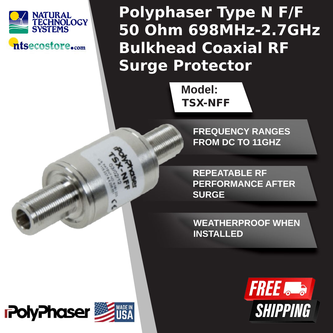 Polyphaser Type N F/F 50 Ohm 698MHz-2.7GHz Bulkhead Coaxial RF Surge Protector (TSX-NFF)