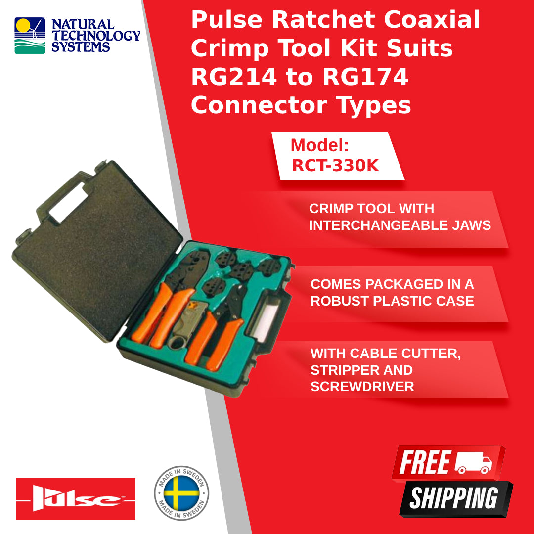 Pulse Ratchet Coaxial Crimp Tool Kit Suits RG214 to RG174 Connector Types RCT-330K