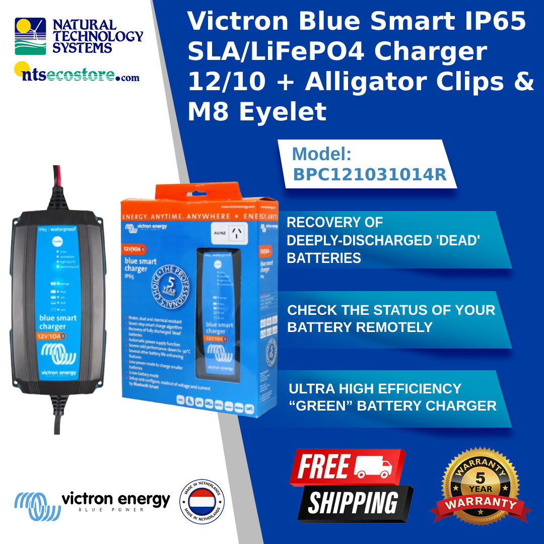 Victron Blue Smart IP65 SLA/LiFePO4 Charger 12/10 + Alligator Clips & M8 Eyelet (BPC121031014R)
