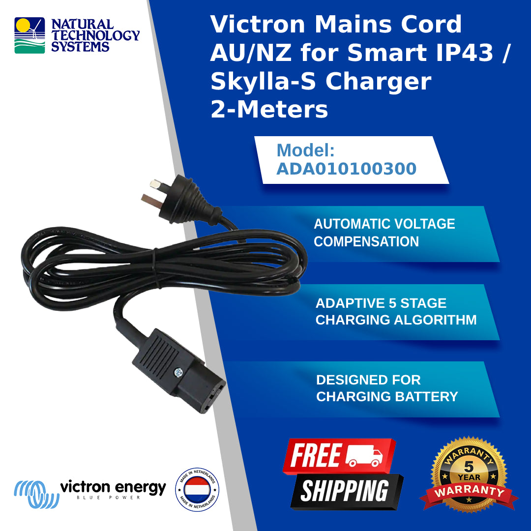 Victron Mains Cord AU/NZ for Smart IP43 / Skylla-S Charger 2-Meters (ADA010100300)