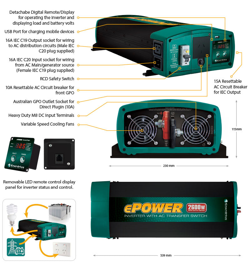 Enerdrive ePOWER PSW Inverter 2000W 24V w/RCD & AC Transfer EN1120S-X-24V