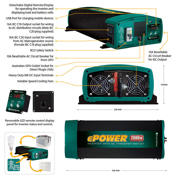 Enerdrive ePOWER TSW Inverters 2600W 12V w/RCD & AC Transfer EN1226S-X