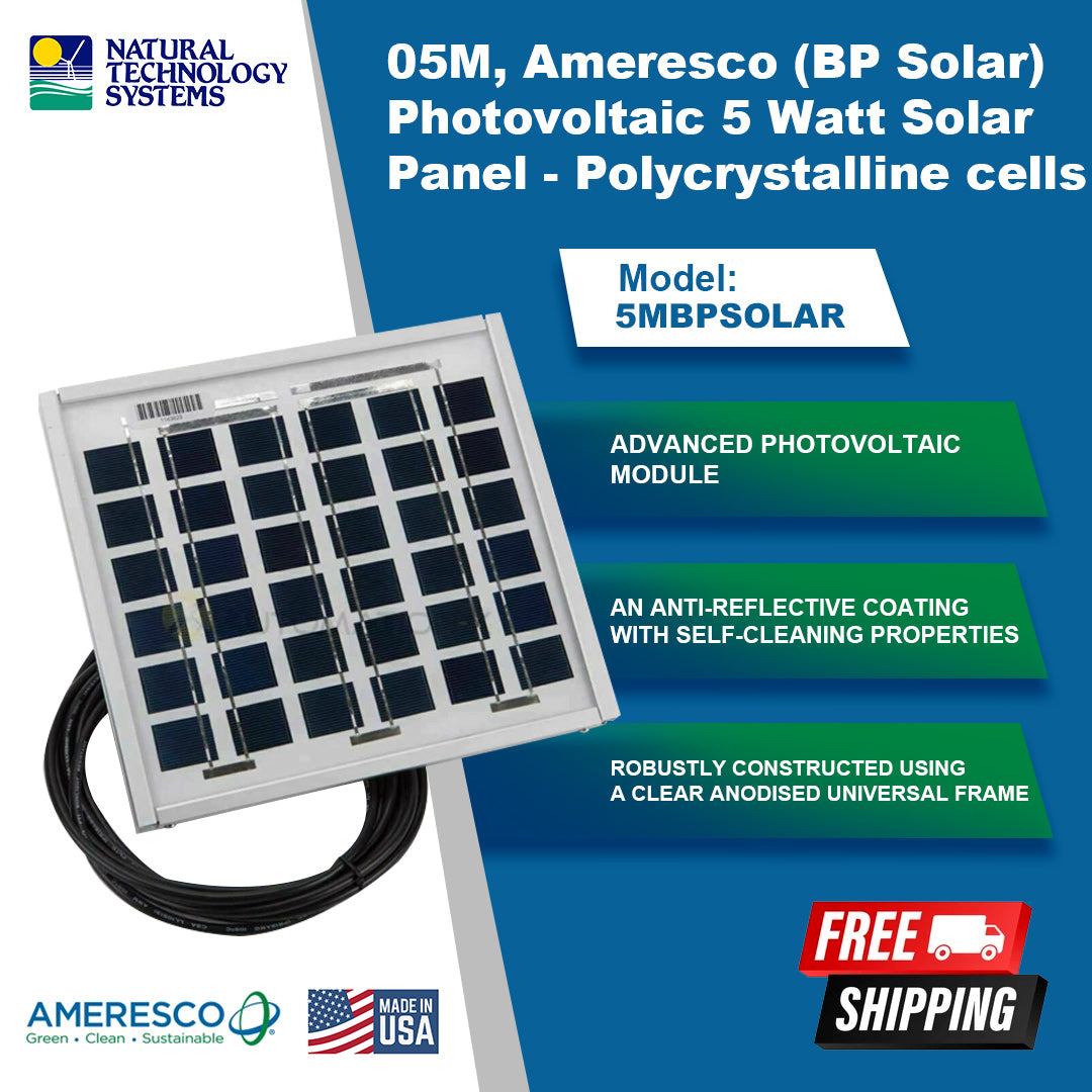 05M, Ameresco (BP Solar) Photovoltaic 5 Watt Solar Panel - Polycrystalline cells (5MBPSOLAR)