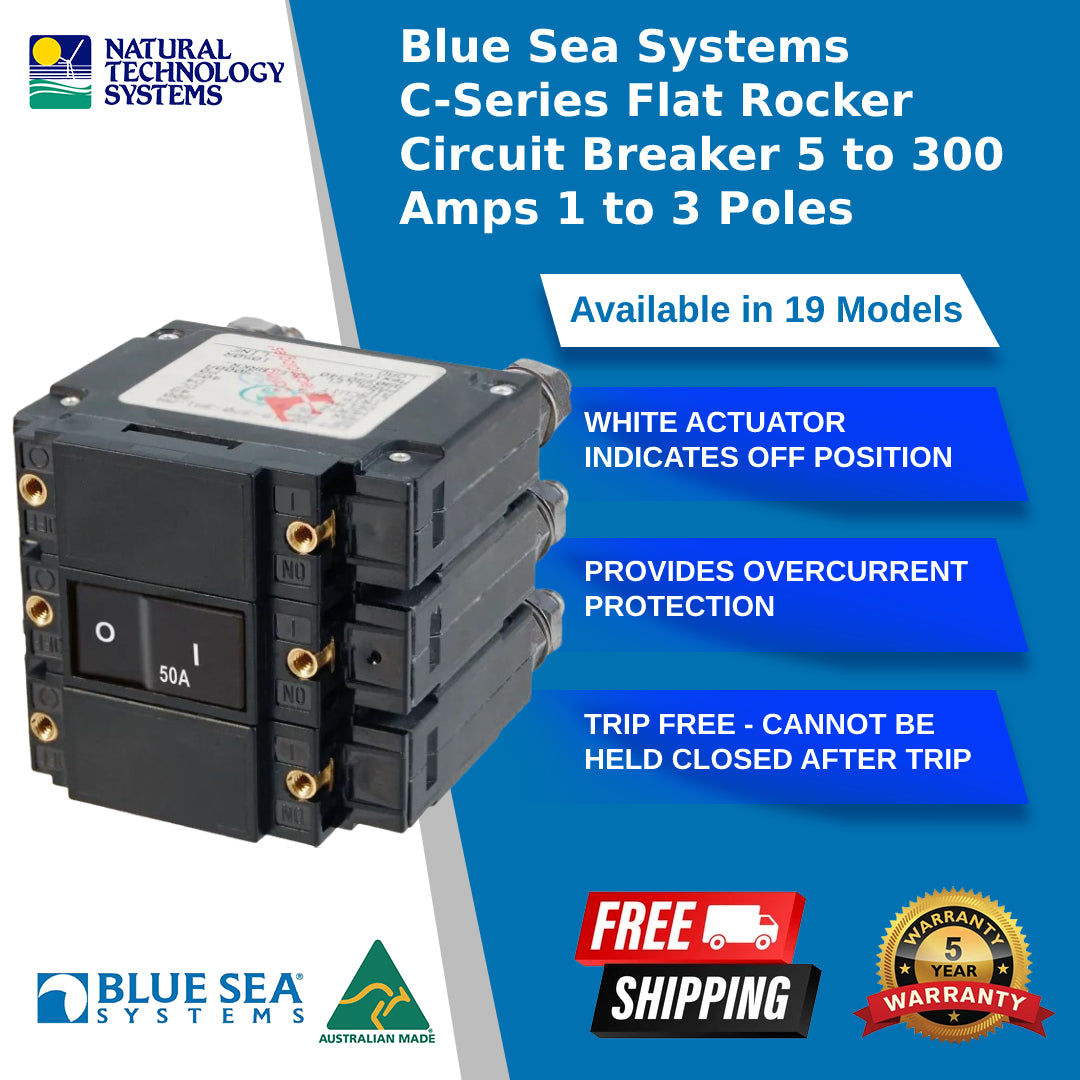Blue Sea Systems C-Series Flat Rocker Circuit Breaker 5 to 300 Amps 1 to 3 Poles