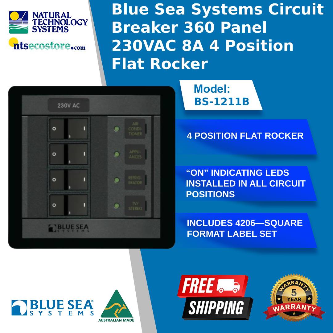 Blue Sea Systems Circuit Breaker 360 Panel 230VAC 8A 4 Position Flat Rocker (BS-1211B)