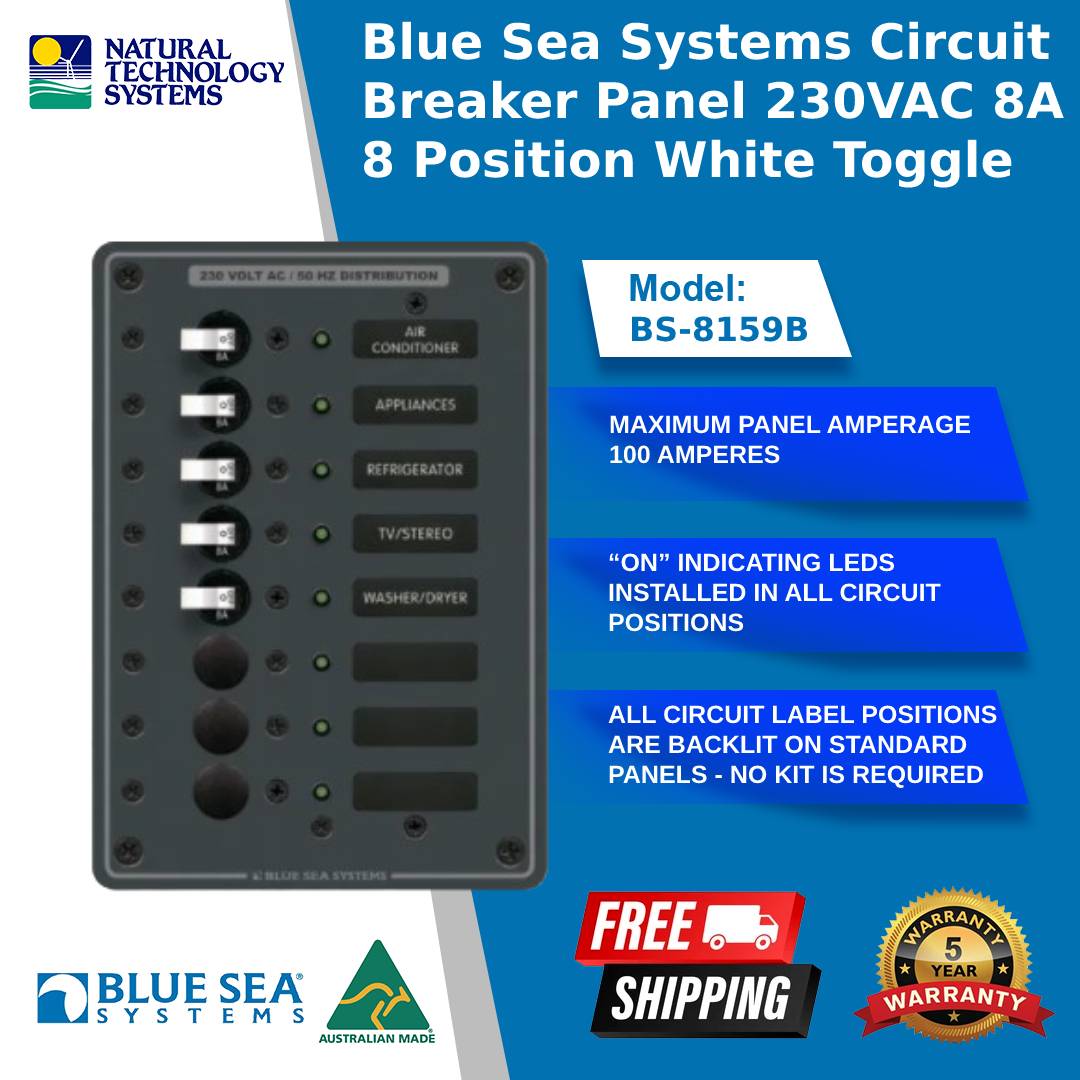 Blue Sea Systems Metal Switch Panels AC 230VAC 8 Position 8A BS-8159B