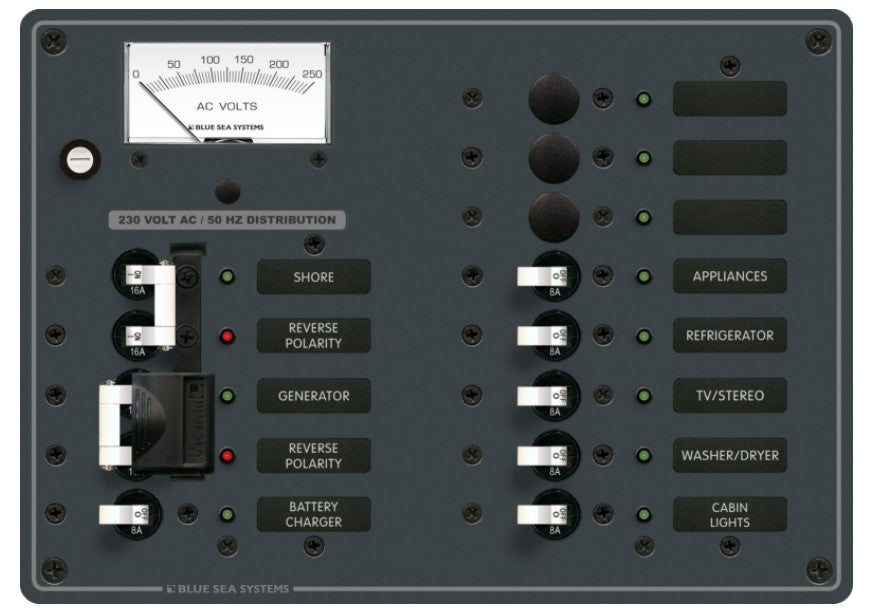 Blue Sea Systems Panel 230VAC 2 x 16A Main + 9 Position 8A BS-8562B