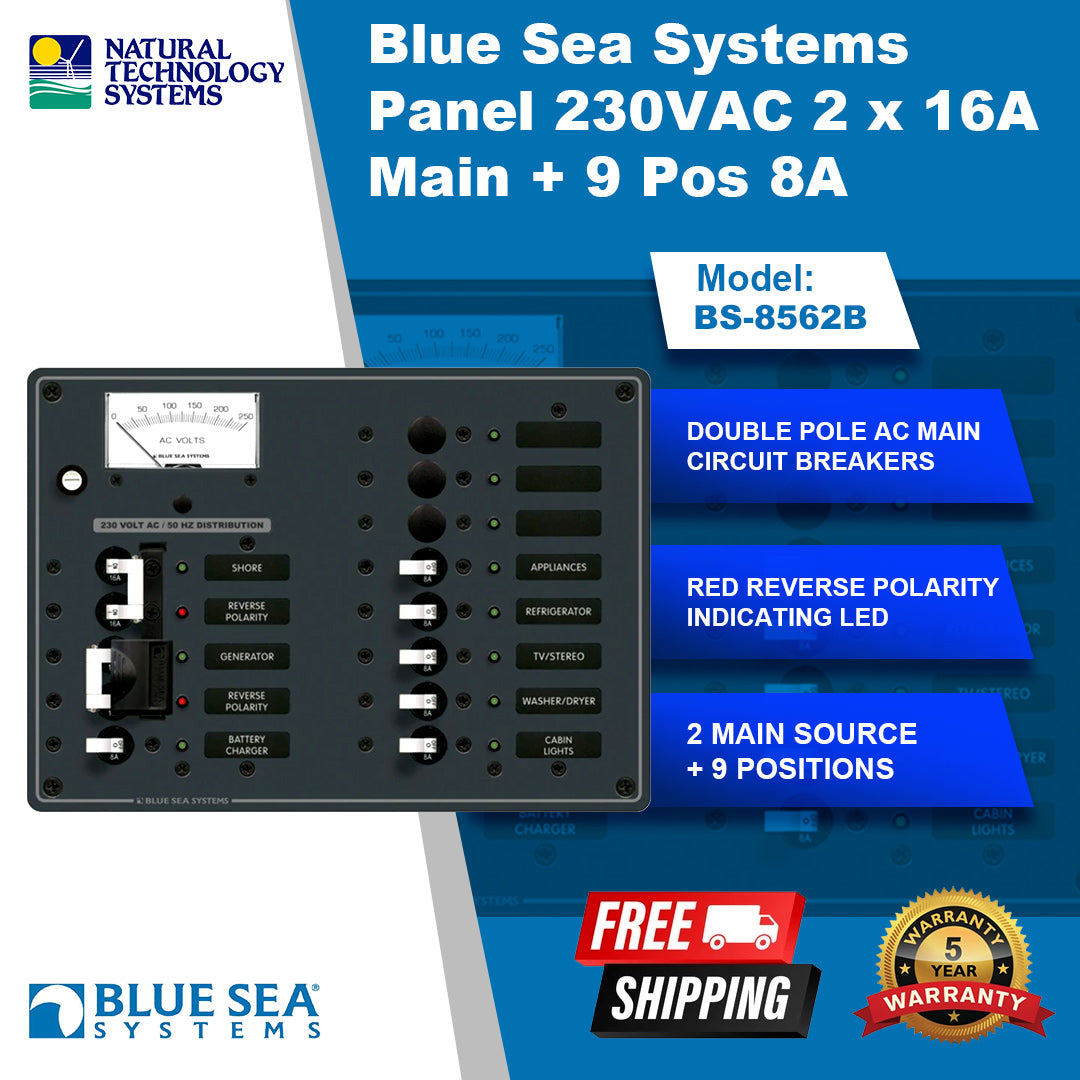 Blue Sea Systems Panel 230VAC 2 x 16A Main + 9 Position 8A BS-8562B