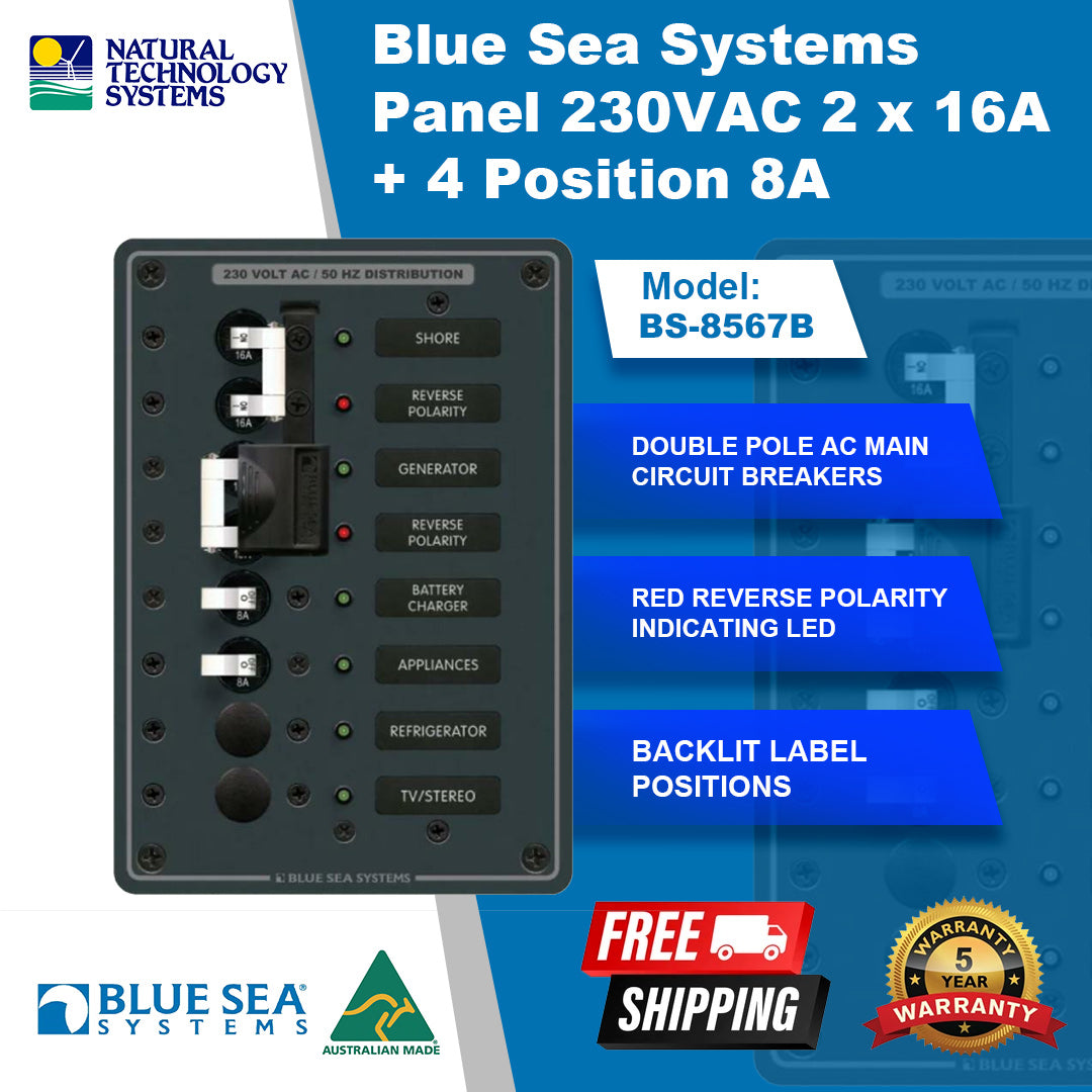 Blue Sea Systems Panel 230VAC 2 x 16A + 4 Position 8A BS-8567B