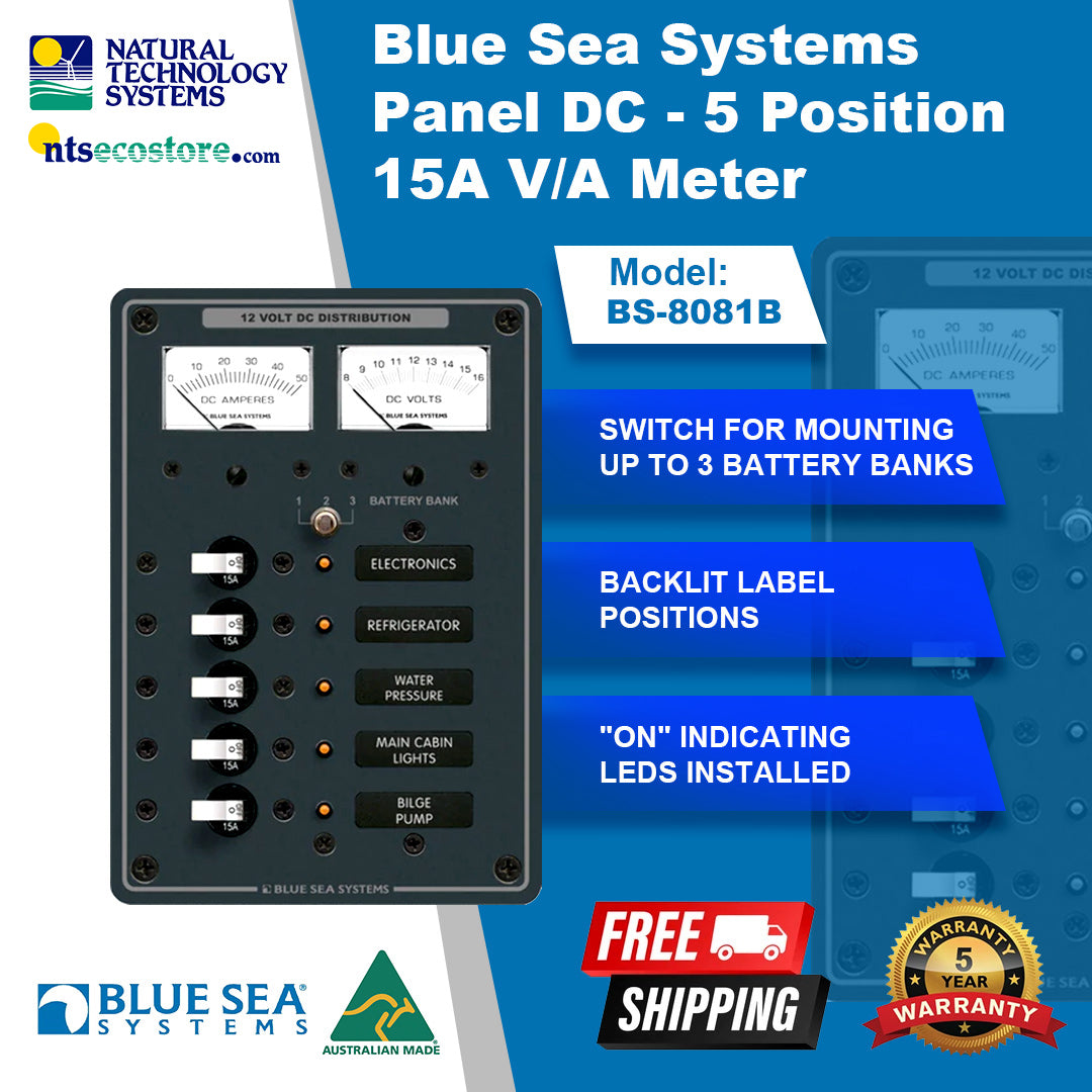 Blue Sea Systems Panel DC 5 Position 15A V/A Meter BS-8081B