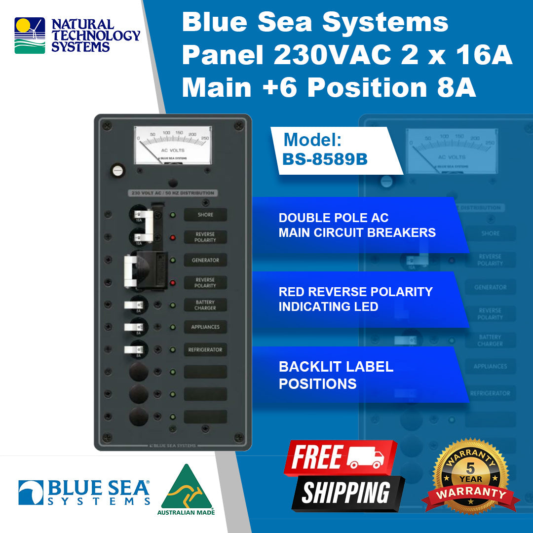 Blue Sea Systems Panel 230VAC 2x16A Main+6 Position 8A BS-8589B