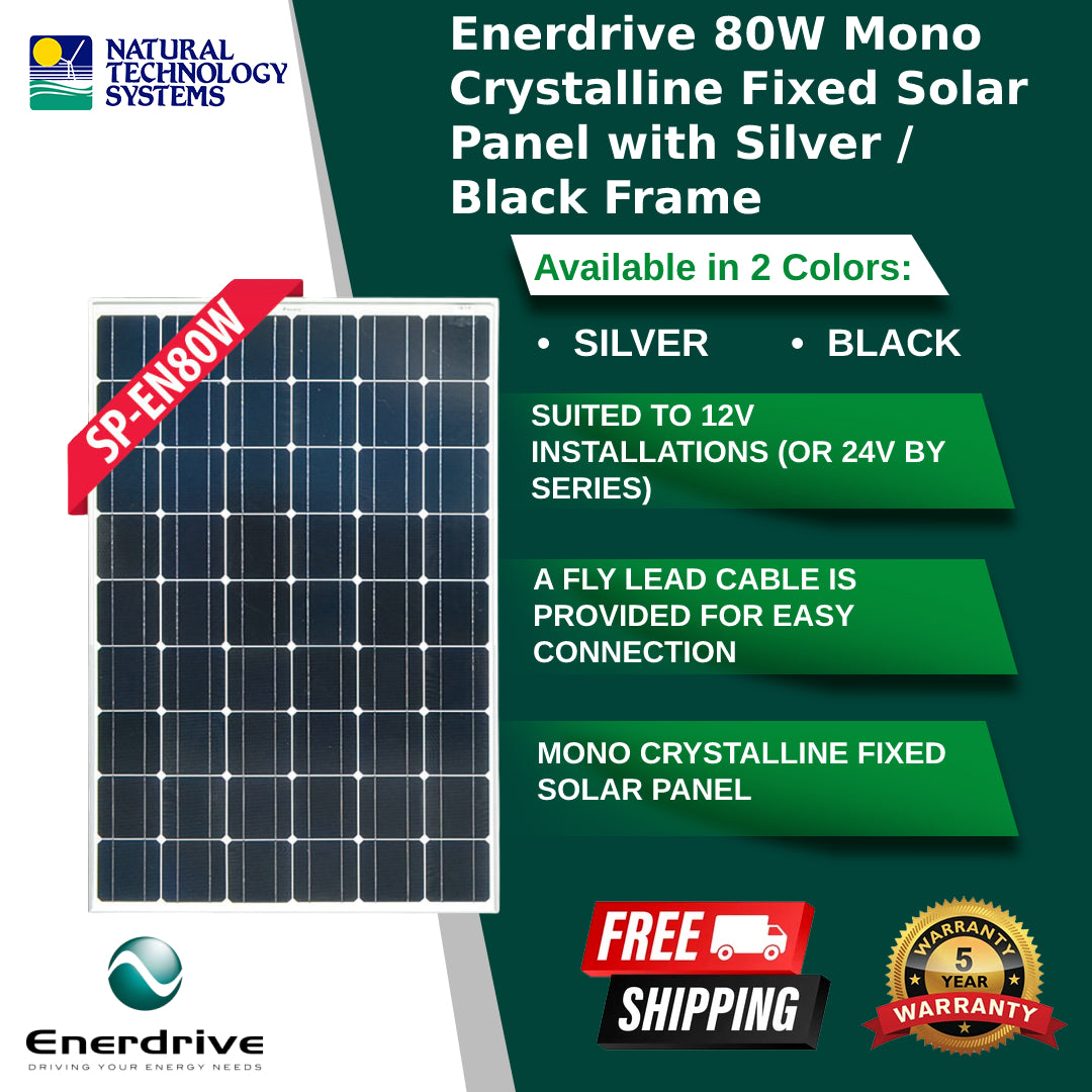 Enerdrive 80W Mono Crystalline Fixed Solar Panel with Silver / Black Frame