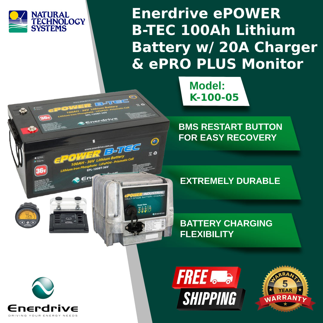 Enerdrive ePOWER B-TEC 100Ah Lithium Battery w/ 20A Charger & ePRO PLUS Monitor (K-100-05)