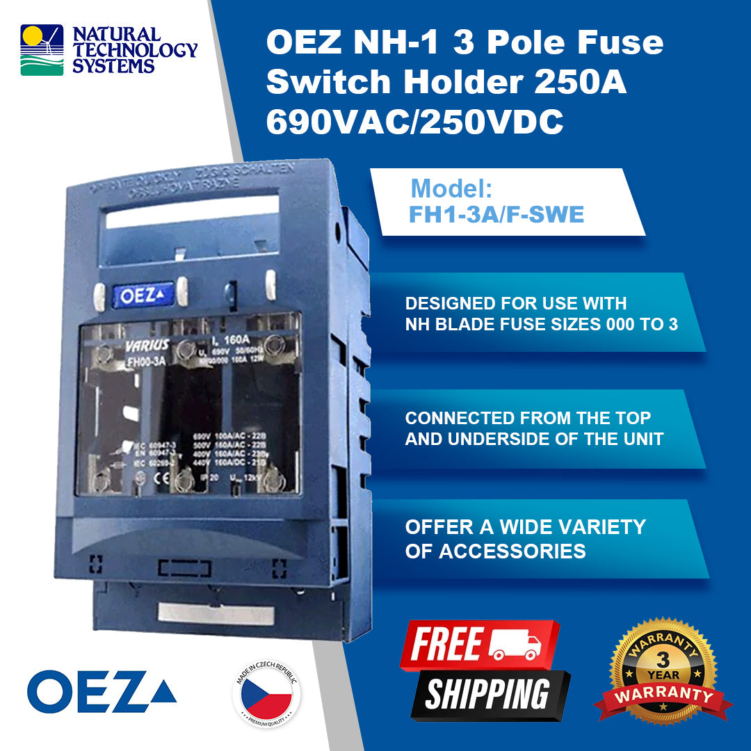 OEZ NH-1 3 Pole Fuse Switch Holder 250A 690VAC/250VDC (FH1-3A/F-SWE)