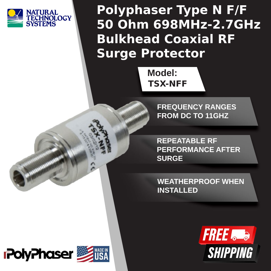 Polyphaser Type N F/F 50 Ohm 698MHz-2.7GHz Bulkhead Coaxial RF Surge Protector (TSX-NFF)