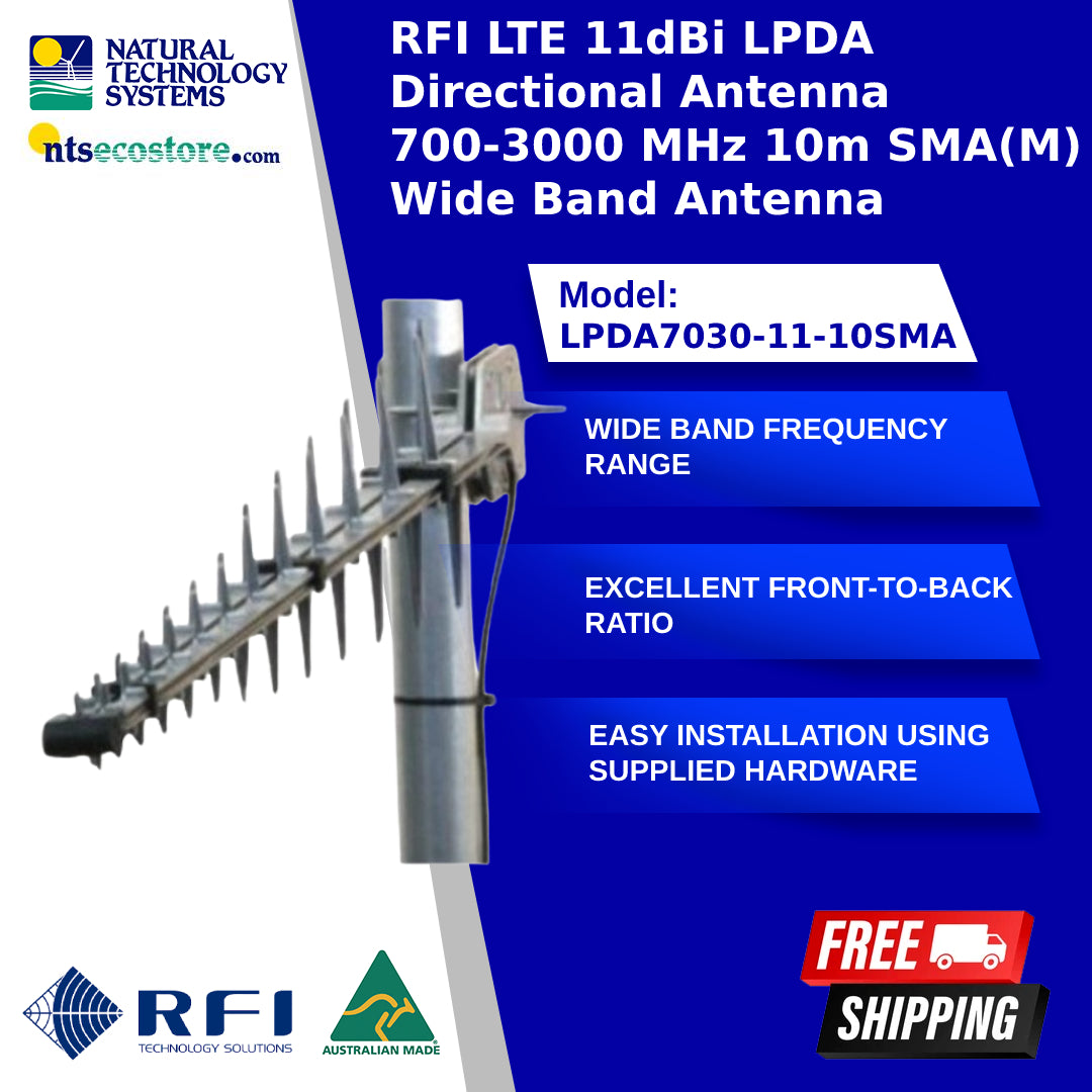 RFI LTE 11dBi LPDA Directional Antenna 700-3000 MHz 10m SMA(M) Wide Band LPDA7030-11-10SMA