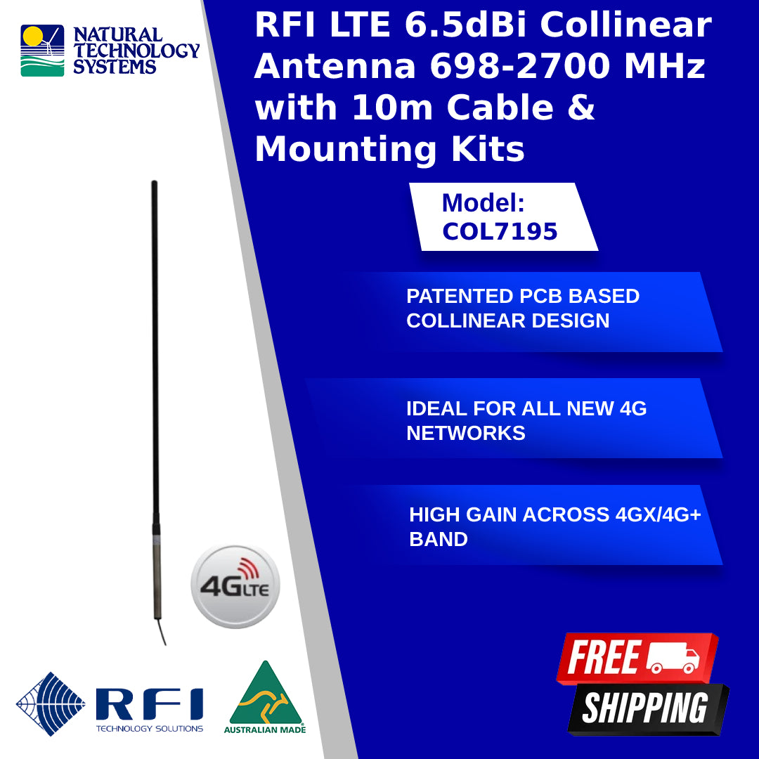 RFI LTE 6.5dBi Collinear Antenna 698-2700 MHz 10m Cable & Mounting Kits COL7195