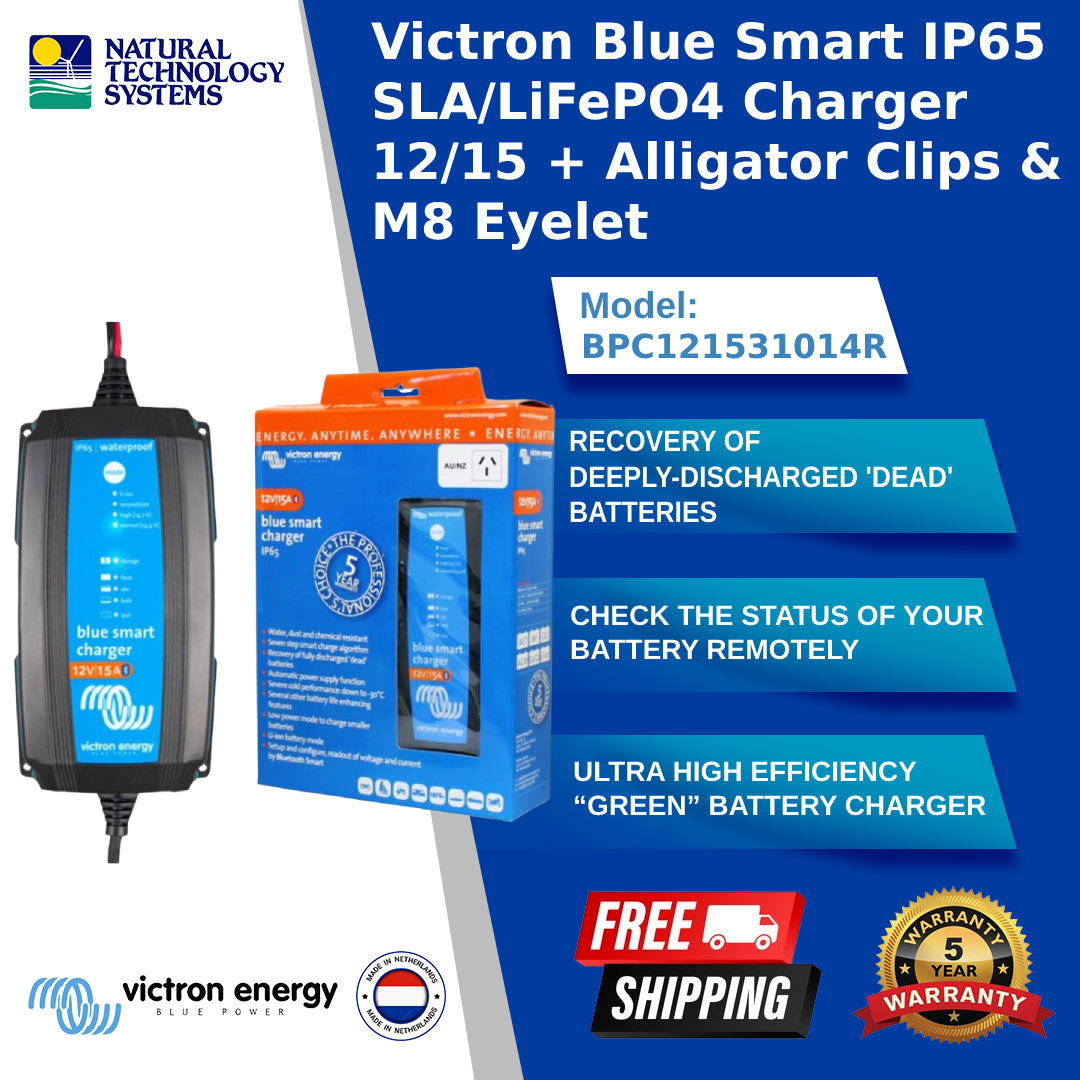 Victron Blue Smart IP65 SLA/LiFePO4 Charger 12/15 + Alligator Clips 