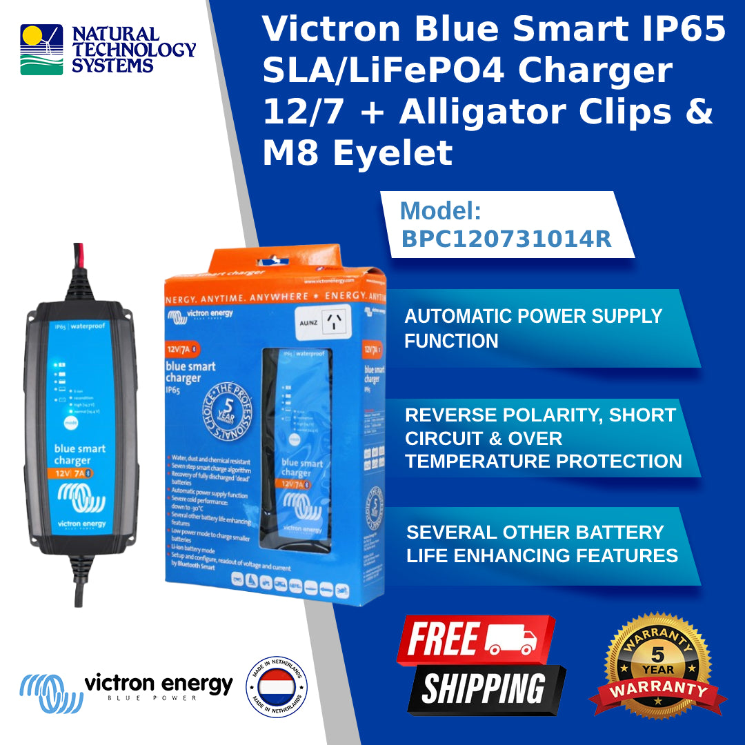 Victron Blue Smart IP65 SLA/LiFePO4 Charger 12/7 + Alligator Clips & M8 Eyelet (BPC120731014R)